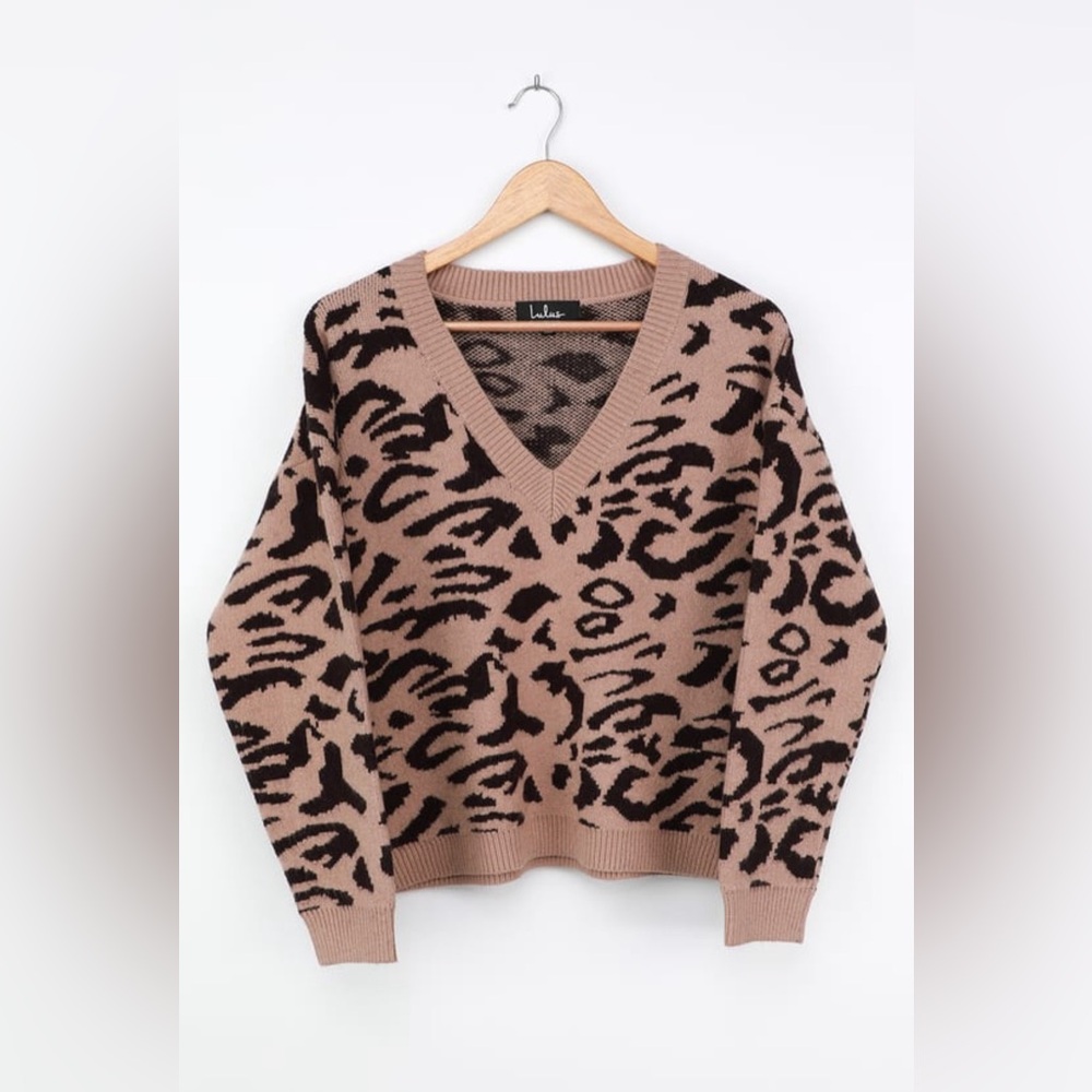 Lulu’s Good For You Taupe Leopard Print Sweater